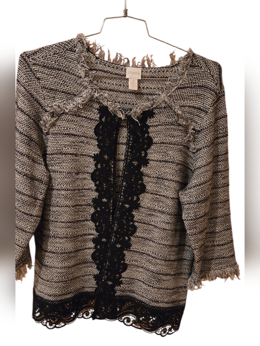 Chico's Black/Gray / White Tweed Crochet Lace Cardigan Jacket Size 3 (XL)